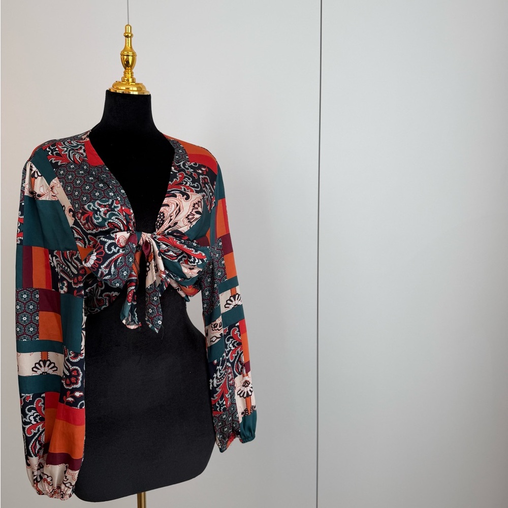 Boohoo Plus Teal & Rust Patchwork Tie-Front Crop … - image 2